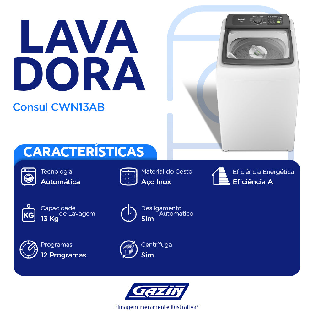 Máquina de Lavar Consul 13kg Automática 12 Programas CWN13AB
