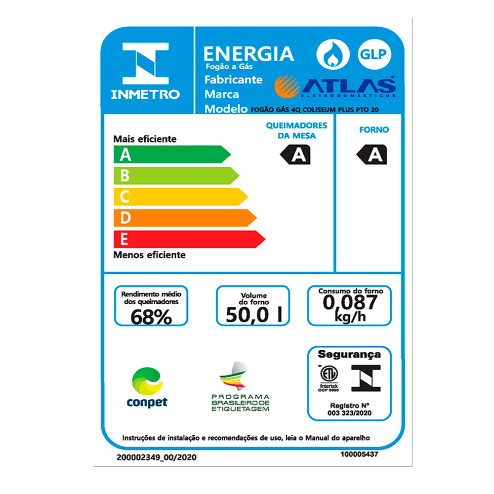 Fogão Atlas Coliseum Plus 4 Bocas Acendimento Manual Mesa de Inox Forno 50L