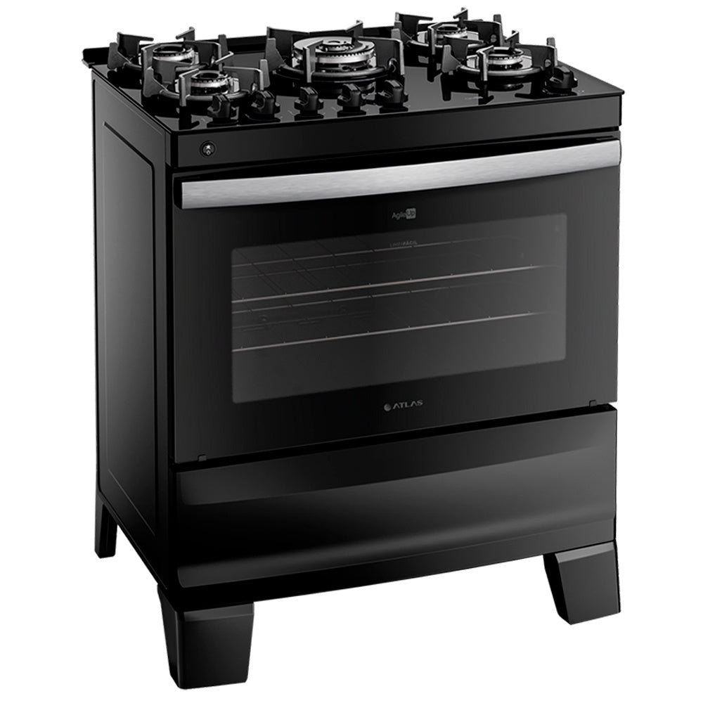 Fogão Atlas 5 Bocas Agile Glass Automático Mesa de Vidro Forno 86,5L
