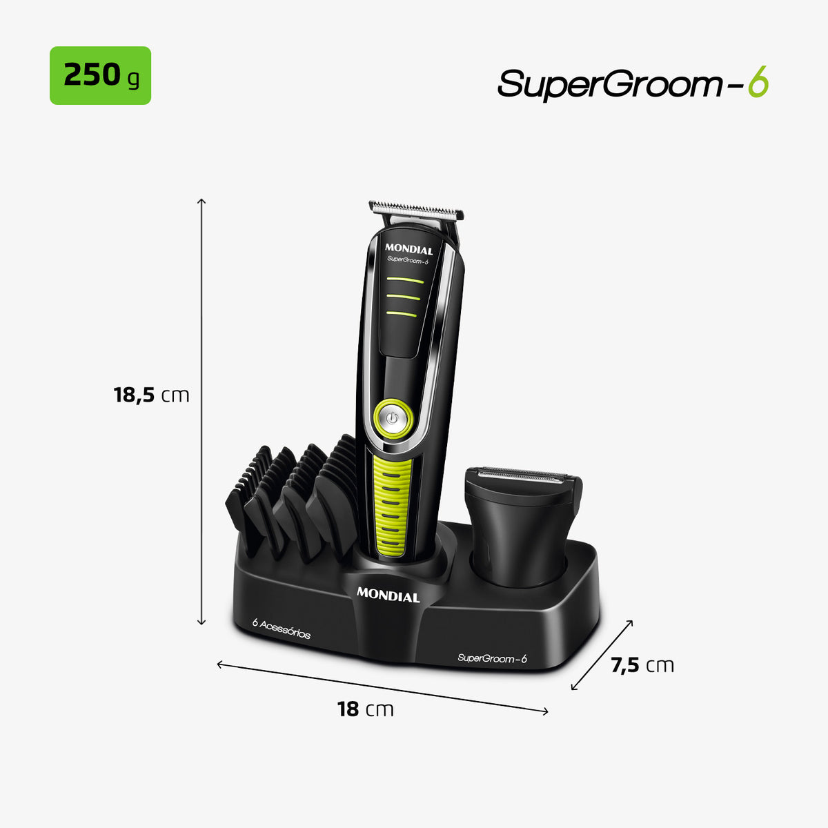 Aparador de Pelos Mondial Super Groom 6 4 Pentes 1 Velocidade 6W Sem Fio