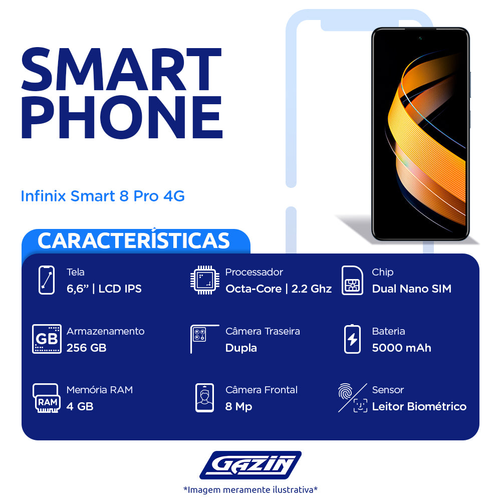 Smartphone Infinix Smart 8 Pro 6.6" Octa Core 256GB 4GB Câmera Dupla