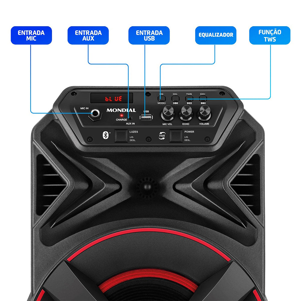 Caixa de Som Amplificada Mondial XSound CM-300-N 300W Bluetooth RGB