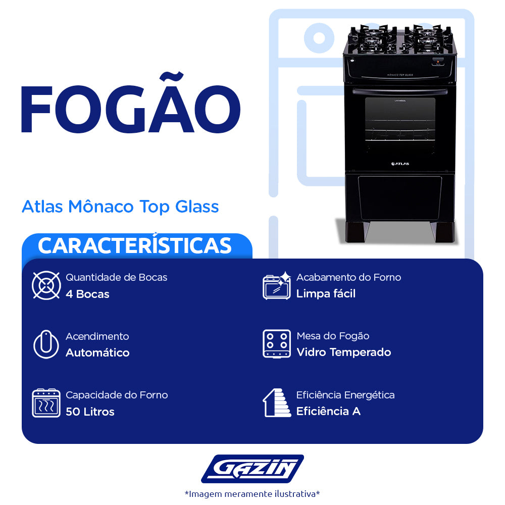 Fogão Atlas 4 Bocas Mônaco Top Glass Automático Mesa de Vidro Forno 50L