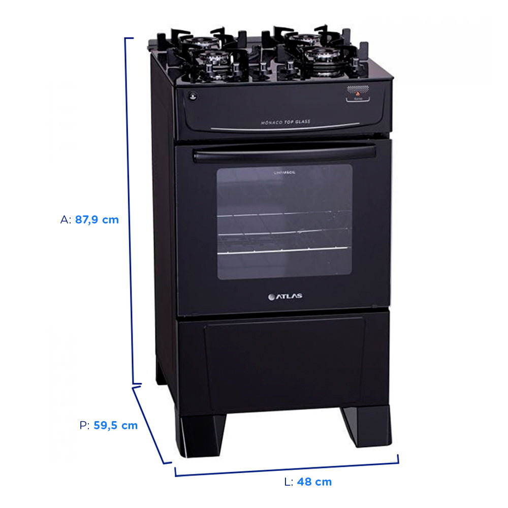 Fogão Atlas 4 Bocas Mônaco Top Glass Automático Mesa de Vidro Forno 50L