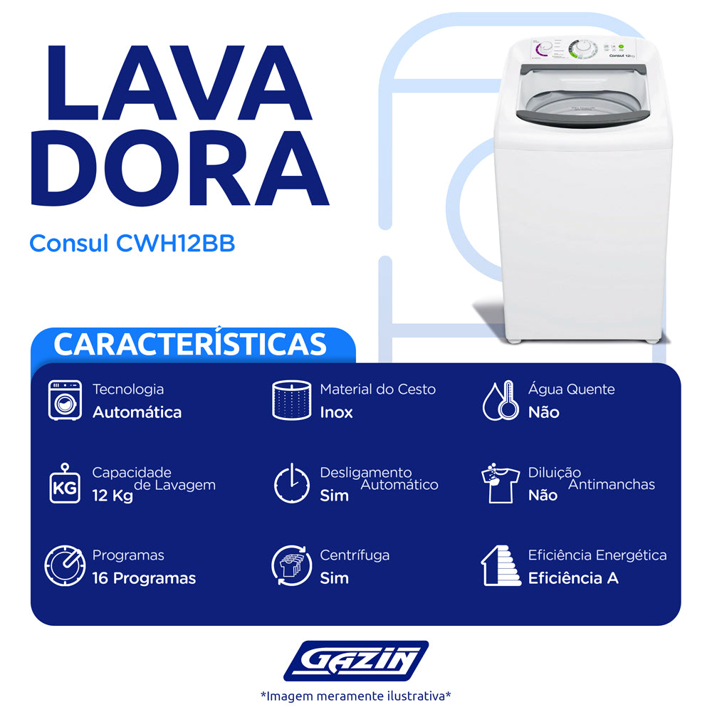 Máquina de Lavar Consul 12Kg Automática Ciclo Edredom Cesto Inox CWH12BB