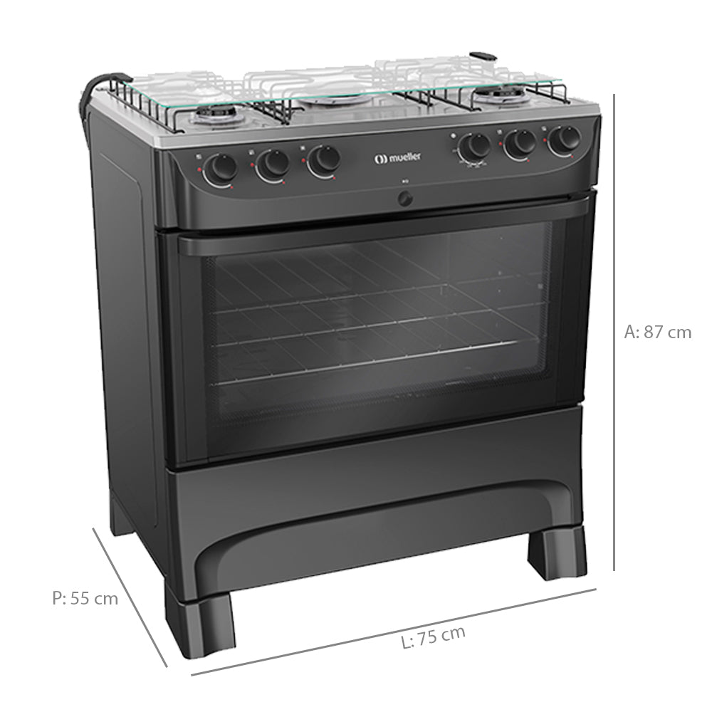 Fogão Mueller 5 Bocas MFI5BB Automático Mesa de Inox Forno 81,6L