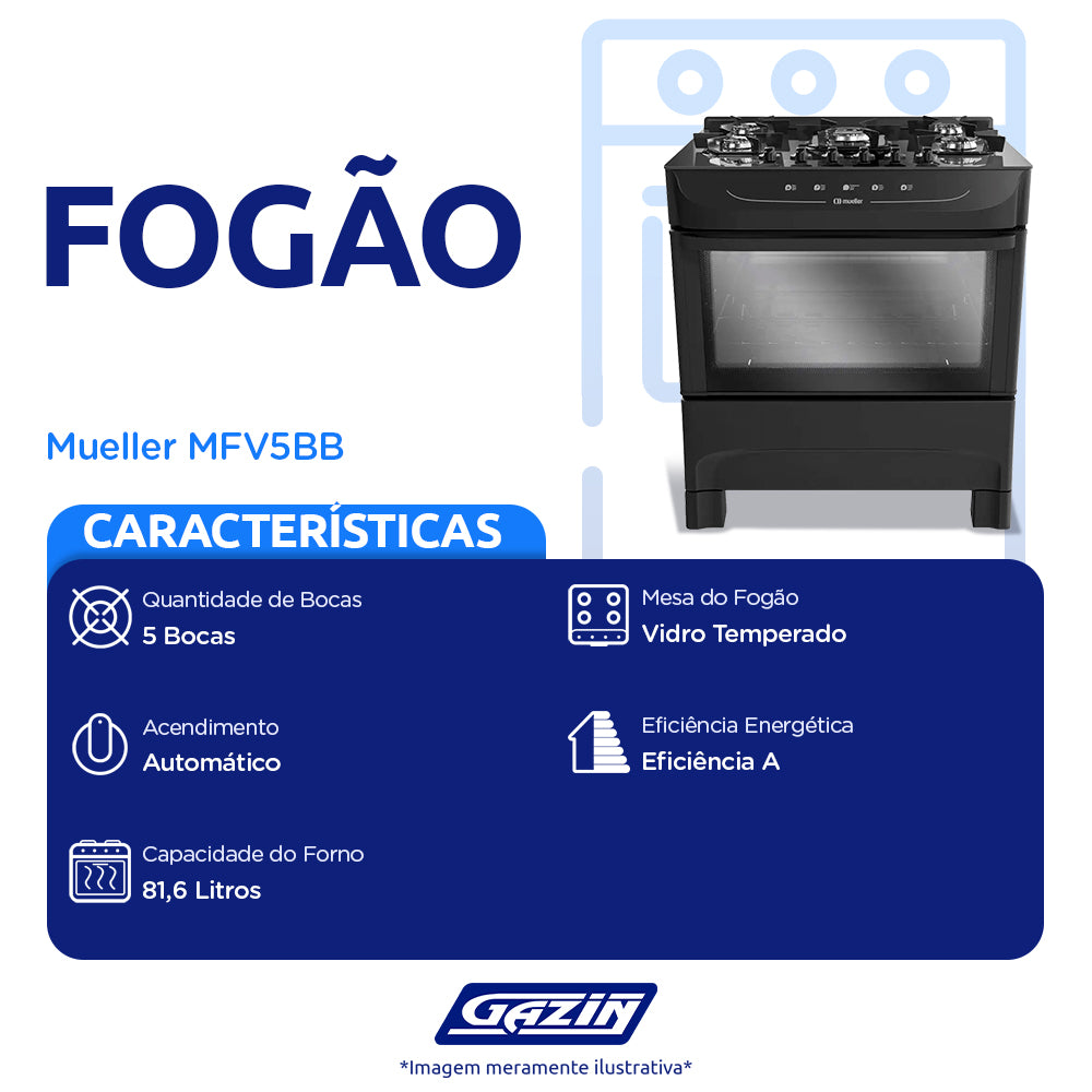 Fogão Mueller MFV5BB 5 Bocas Automático Mesa de Vidro Temperado com Ultra Chama