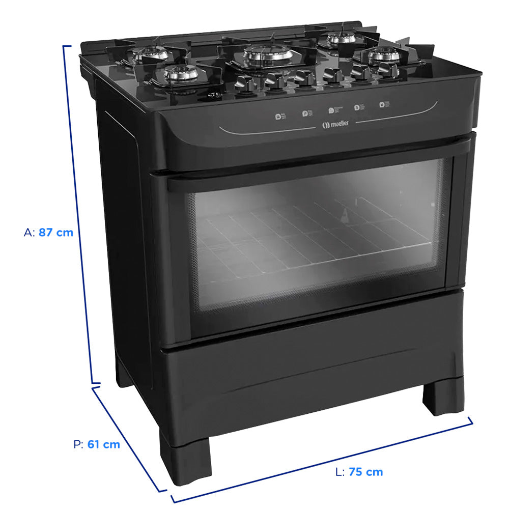 Fogão Mueller MFV5BB 5 Bocas Automático Mesa de Vidro Temperado com Ultra Chama
