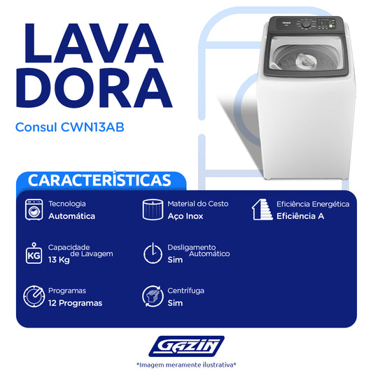Máquina de Lavar Consul 13kg Automática 12 Programas CWN13AB