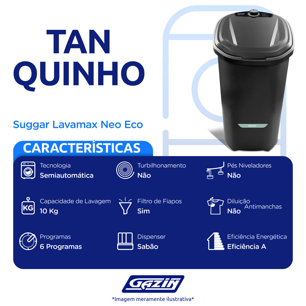 Tanquinho Suggar Lavamax Neo Eco 10kg Semiautomático com Timer LE101