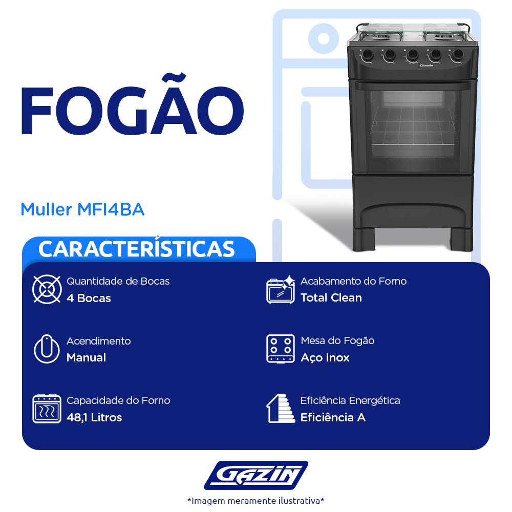 Fogão Mueller MFI4BA Acendimento Manual 4 Bocas Mesa Inox Forno 48,1L