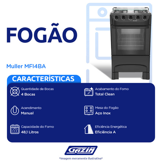 Fogão Mueller MFI4BA Acendimento Manual 4 Bocas Mesa Inox Forno 48,1L