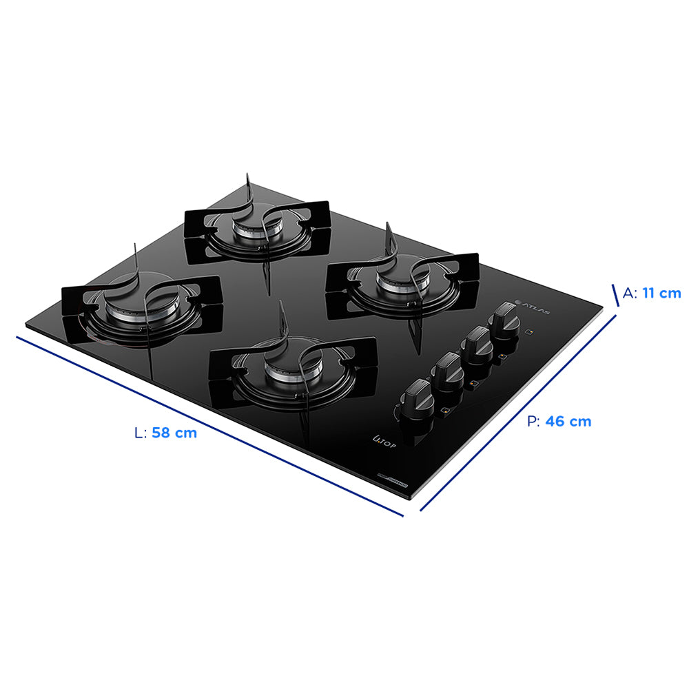 Cooktop a Gás Atlas Utop 4 Bocas Superautomático Mesa em Vidro Temperado