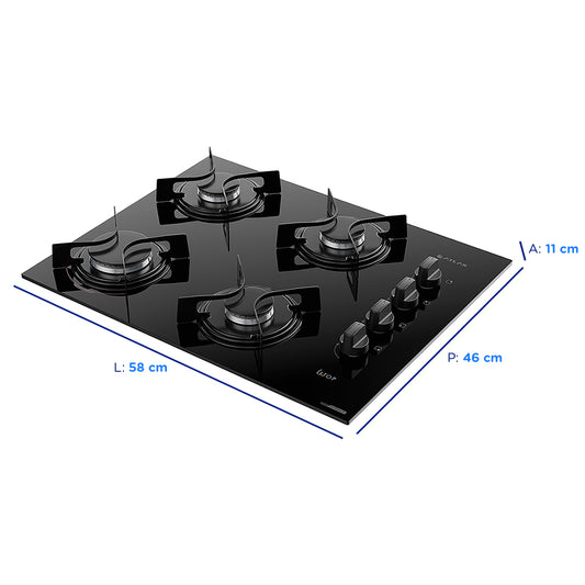 Cooktop a Gás Atlas Utop 4 Bocas Superautomático Mesa em Vidro Temperado