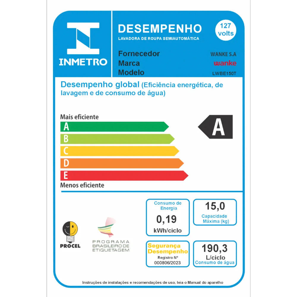 Tanquinho Wanke Premium 15kg Semiautomático 10 programas LWBE150T3