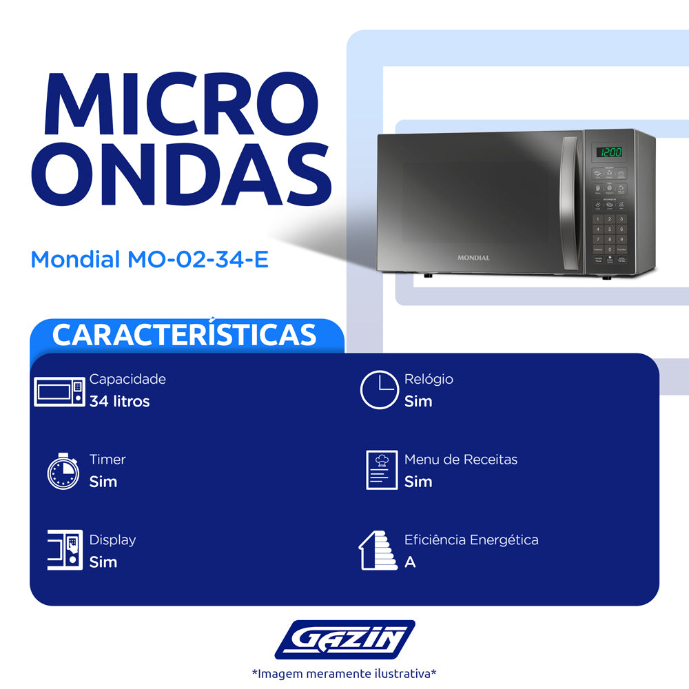 Micro-ondas de Bancada Mondial 34L Espelhado Menu dia a dia MO-02-34-E