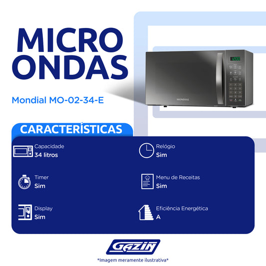 Micro-ondas de Bancada Mondial 34L Espelhado Menu dia a dia MO-02-34-E