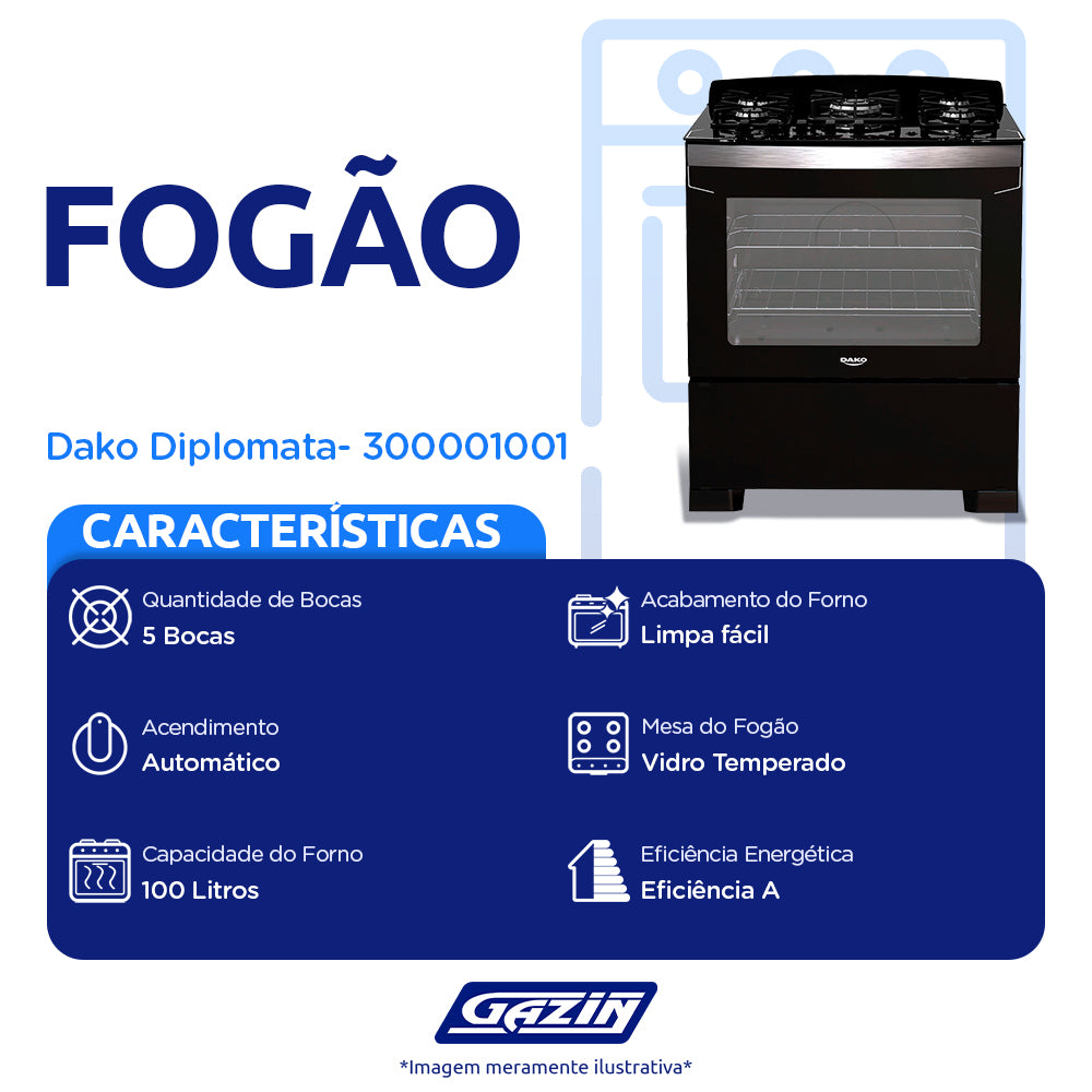 Fogão Dako Diplomata 5 Bocas Automático Mesa de Vidro Tripla Chama