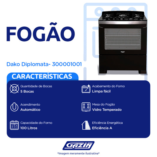Fogão Dako Diplomata 5 Bocas Automático Mesa de Vidro Tripla Chama