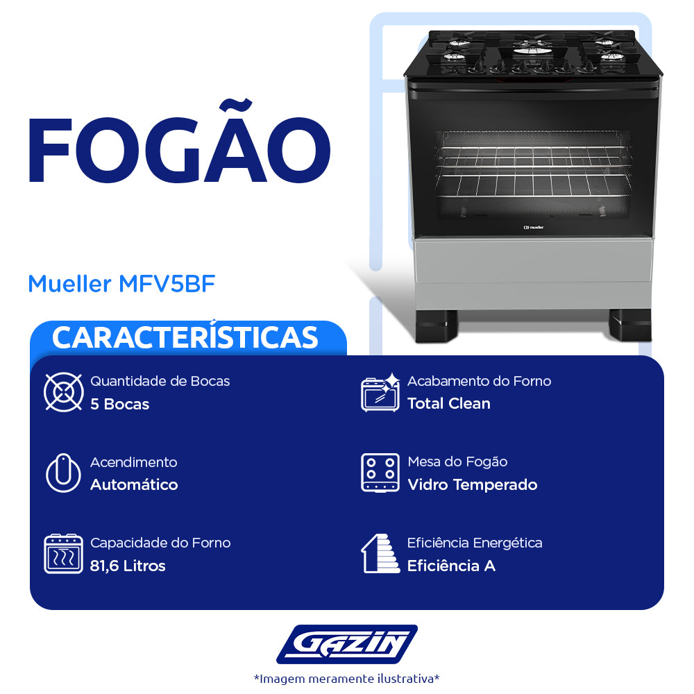 Fogão Mueller MFV5BF 5 Bocas Automático Mesa de Vidro Forno Total Clean