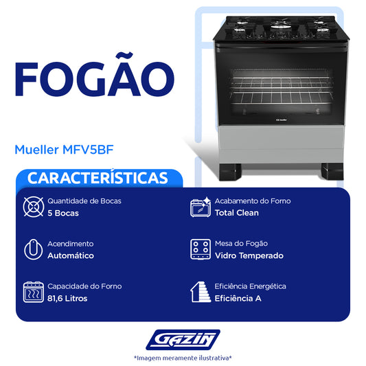Fogão Mueller MFV5BF 5 Bocas Automático Mesa de Vidro Forno Total Clean