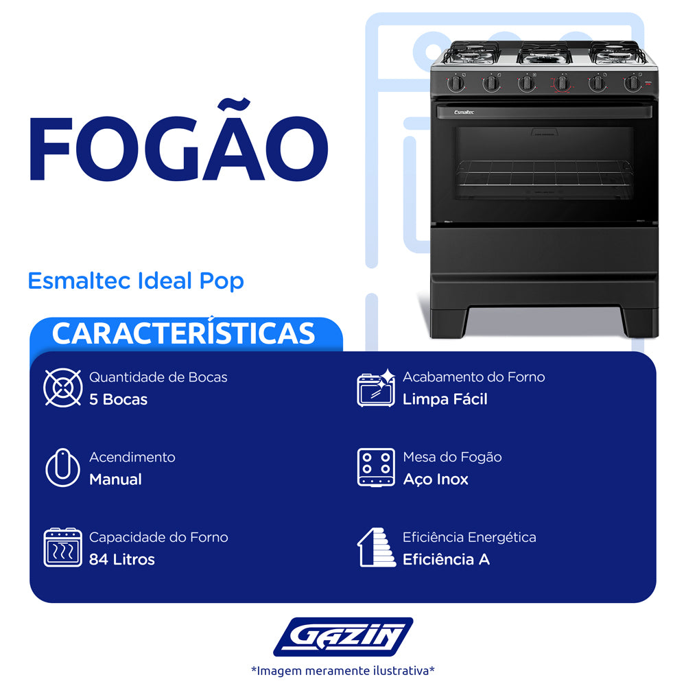 Fogão Esmaltec Ideal Pop 5 Bocas Manual Mesa Aço Inox
