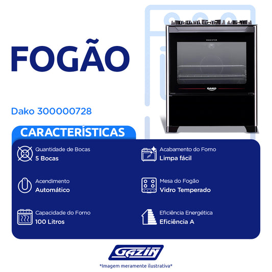 Fogão Dako 5 Bocas Magister Automático Mesa de Vidro Forno 100L
