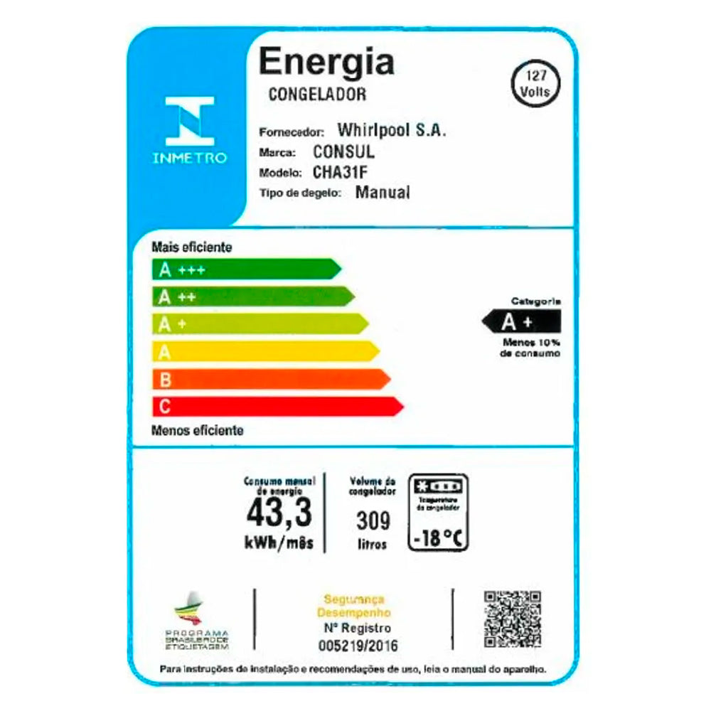 Freezer Consul 309L 1 Porta Horizontal Degelo Manual CHA31FB