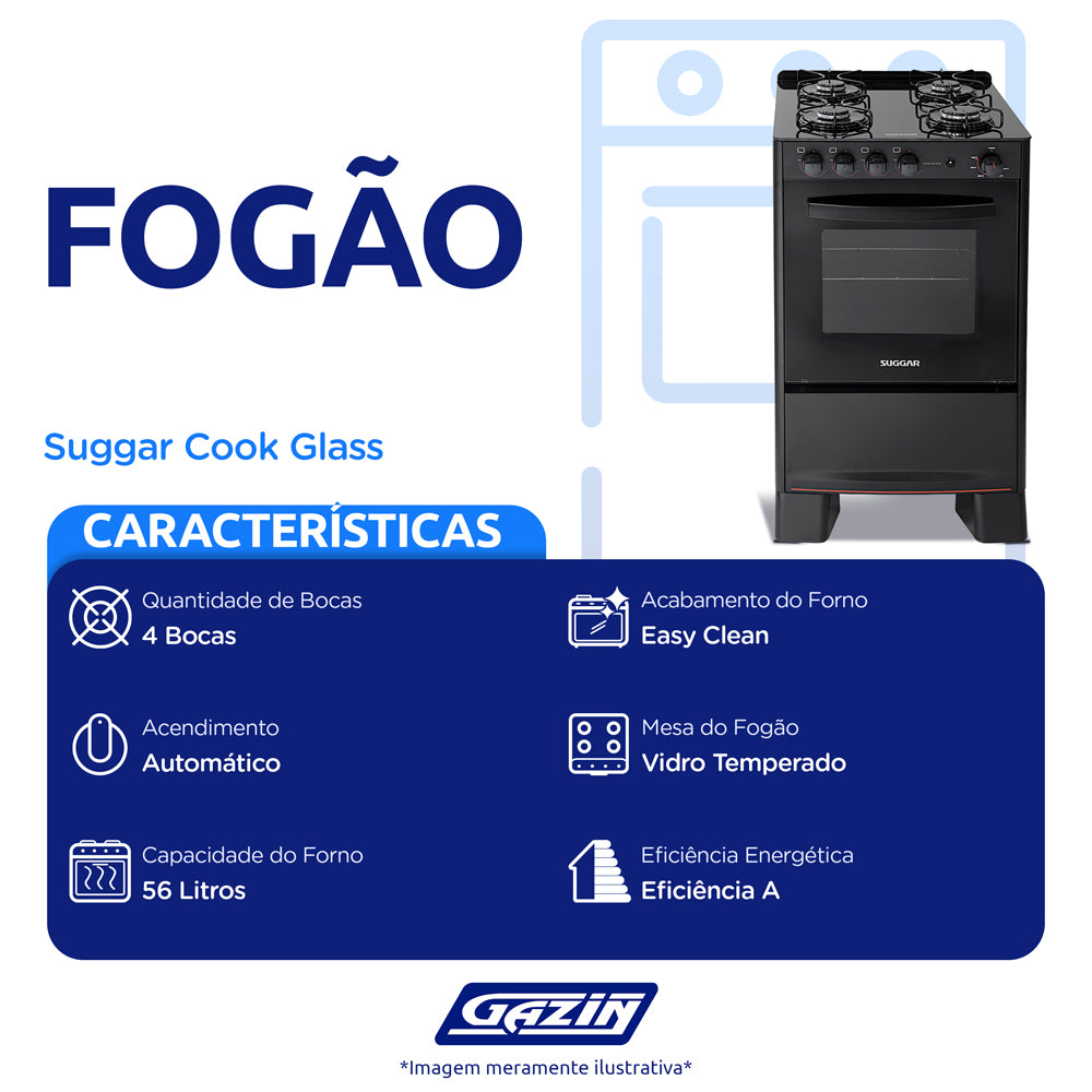 Fogão Suggar Cook Glass 4 Bocas Automático Mesa de Vidro