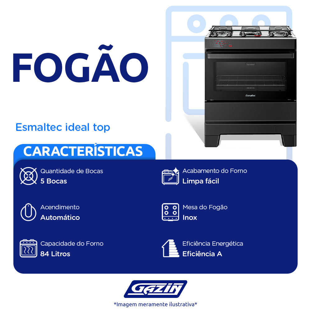 Fogão Esmaltec Ideal Top 5 Bocas Automático Mesa de Inox