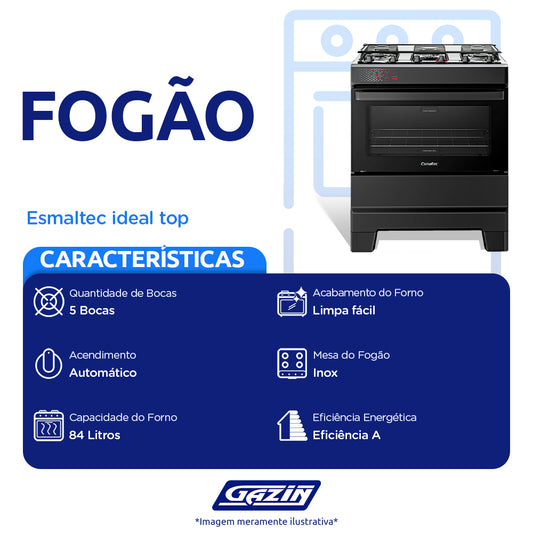 Fogão Esmaltec Ideal Top 5 Bocas Automático Mesa de Inox