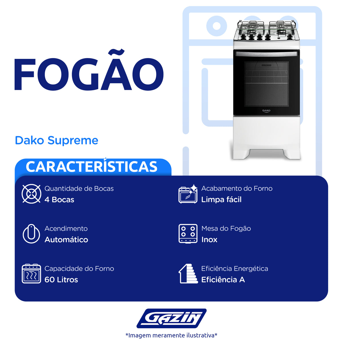 Fogão Dako Supreme 4 Bocas Automático Inox Forno 60L
