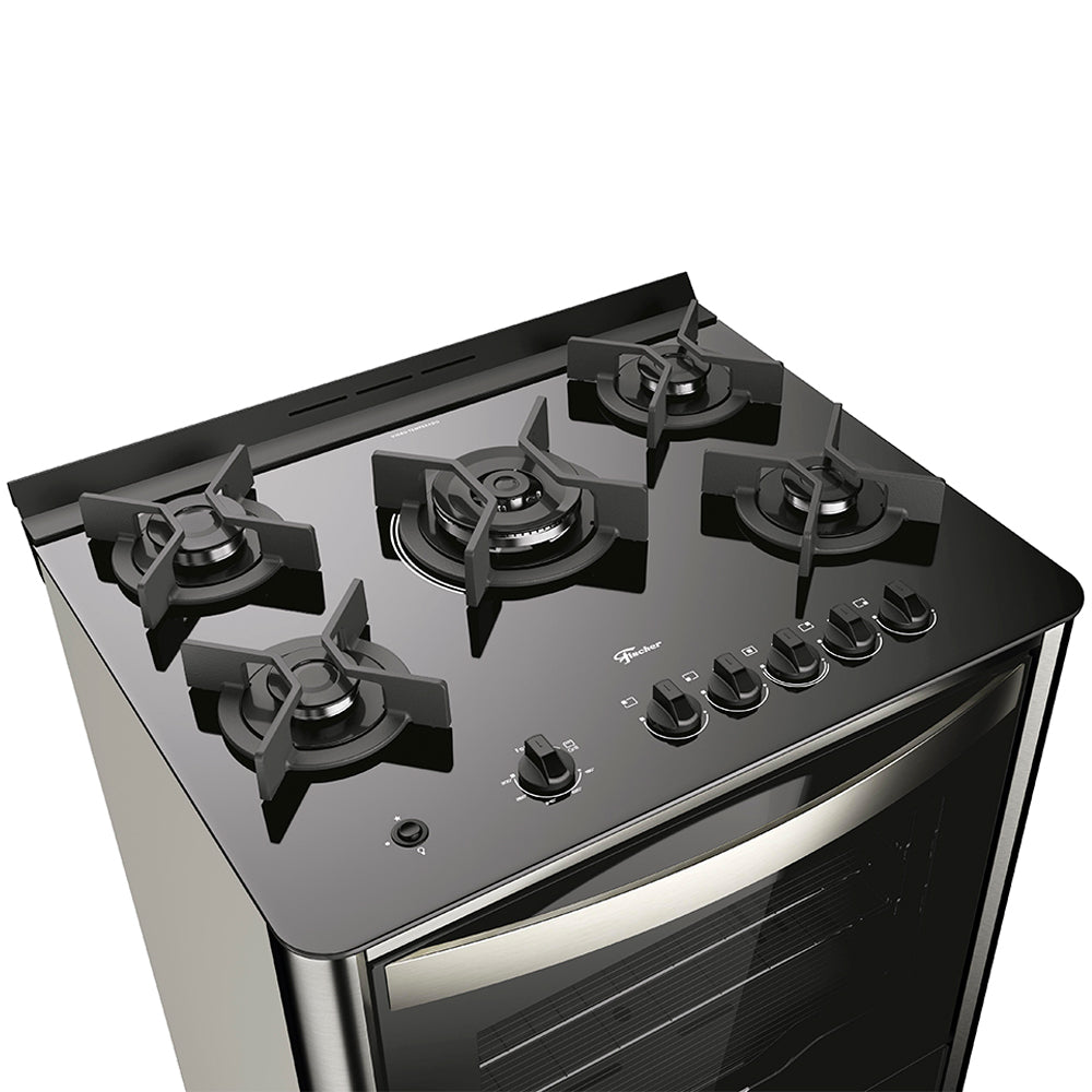 Fogão Fischer 5 Bocas Gran Cheff Automático Mesa de Vidro Tripla Chama