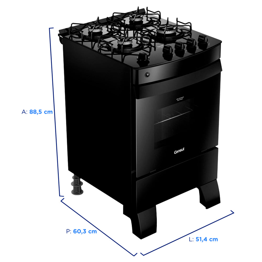 Fogão Consul CFO4VCEUNA 4 Bocas Automático Mesa de Vidro Forno 58L
