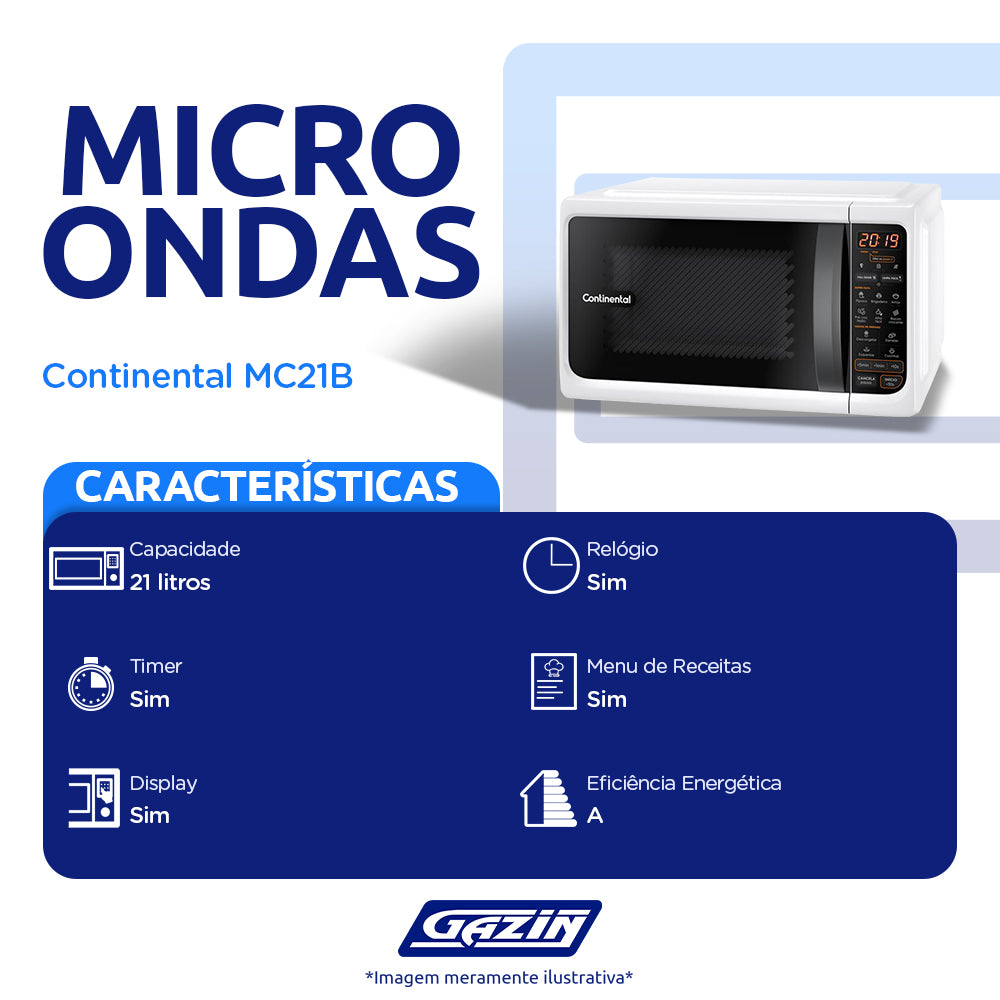 Micro-Ondas de Bancada Continental 21L 1100W com Tira-Odor MC21B