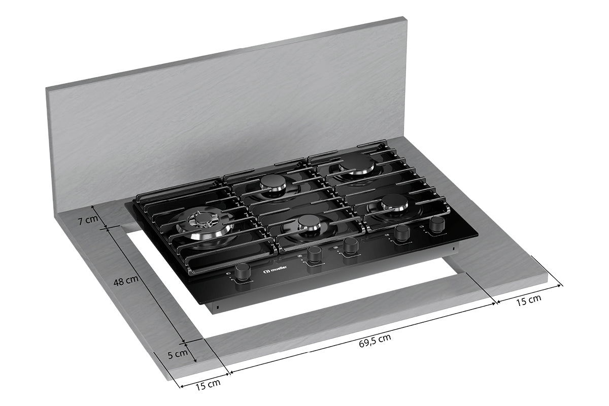 Cooktop a Gás Mueller Mesa de Vidro 5 Bocas MCG5BM