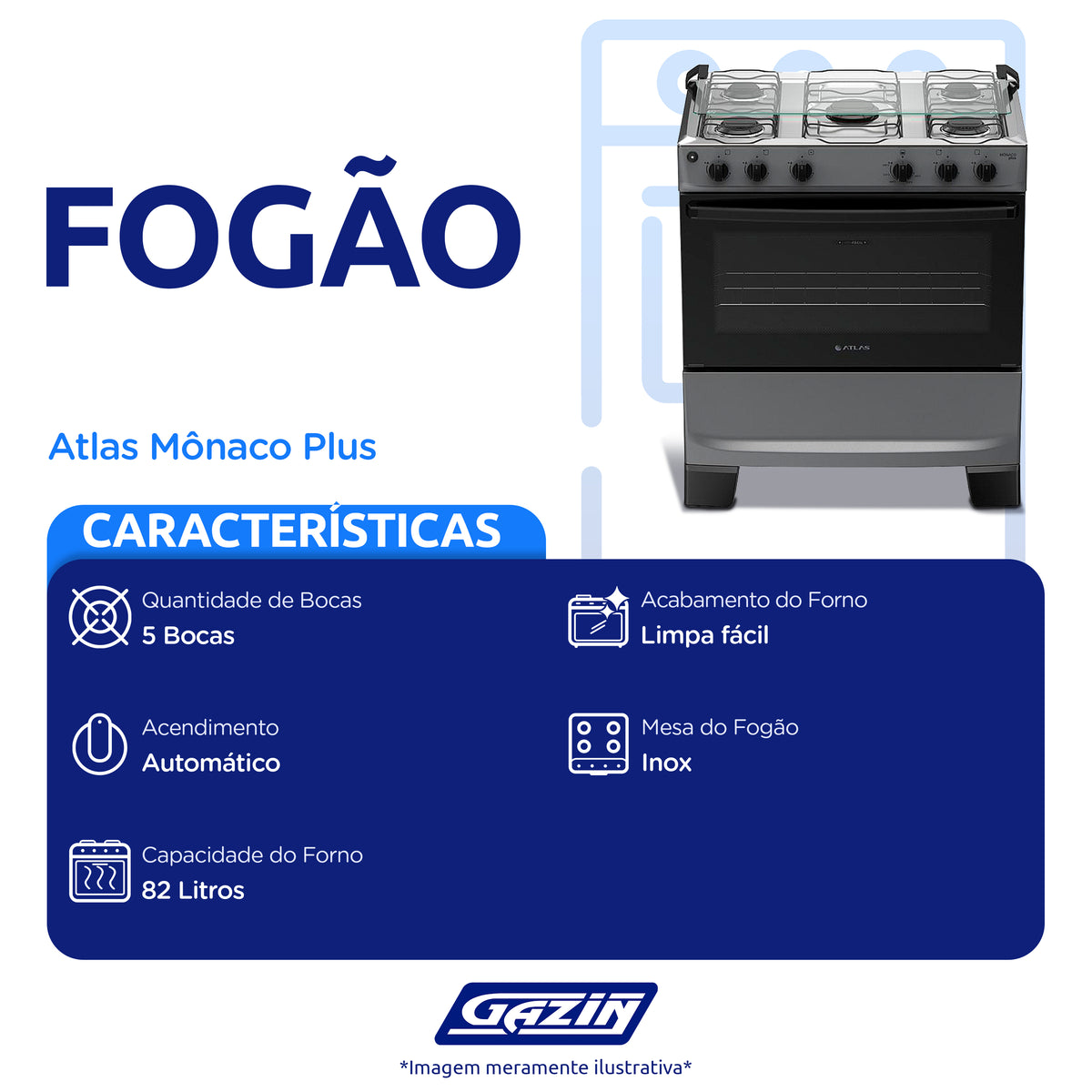 Fogão Atlas Mônaco Plus 5 Bocas Automático Mesa de Inox Forno