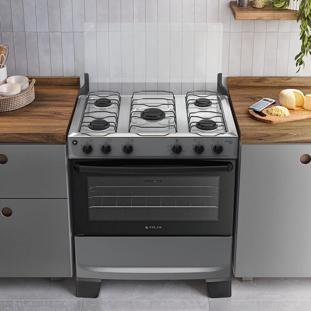 Fogão Atlas Mônaco Plus 5 Bocas Automático Mesa de Inox Forno
