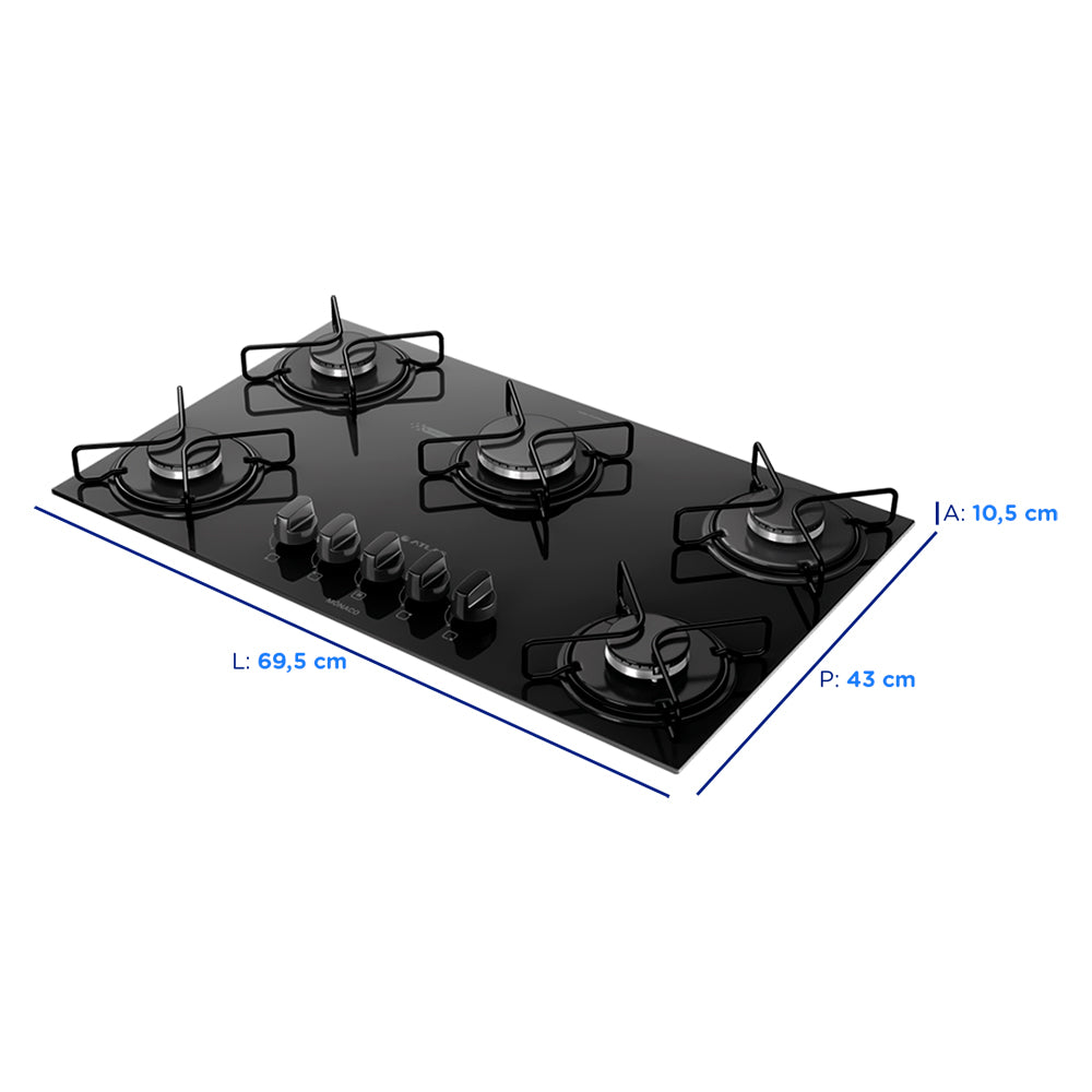 Cooktop a Gás Atlas Monaco Glass 5 Bocas Superautomático Mesa de Vidro