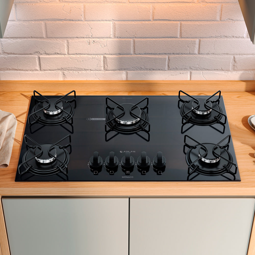 Cooktop a Gás Atlas Monaco Glass 5 Bocas Superautomático Mesa de Vidro