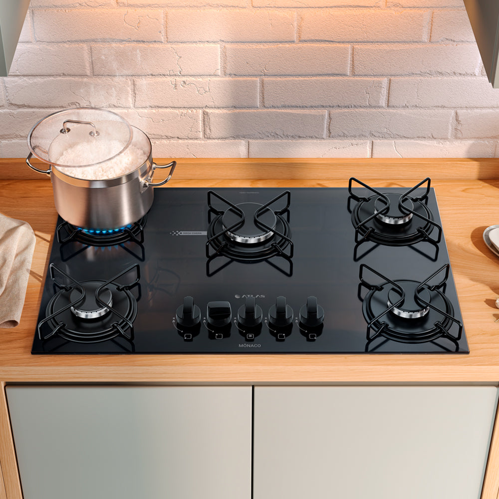 Cooktop a Gás Atlas Monaco Glass 5 Bocas Superautomático Mesa de Vidro