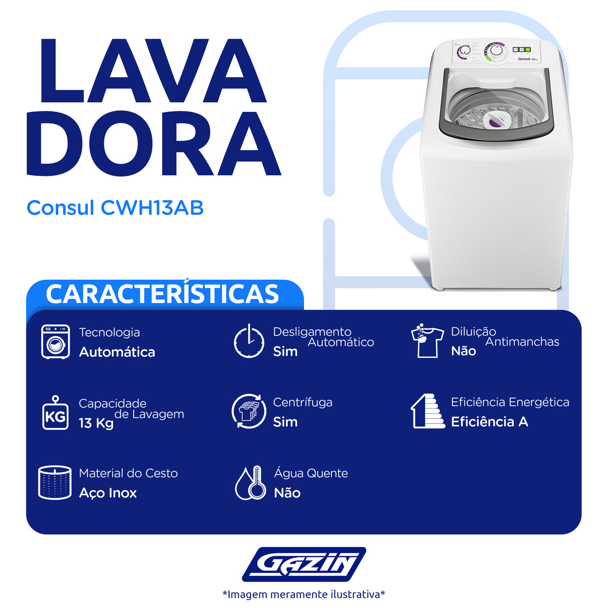 Máquina de Lavar Consul 13kg Automática CWH13AB