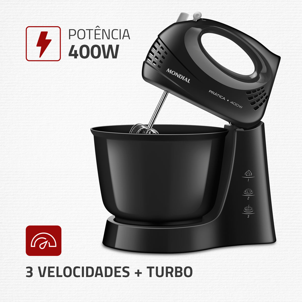 Batedeira Portátil Mondial Prática B-44B 3 Velocidades 400W Tigela 3,6L