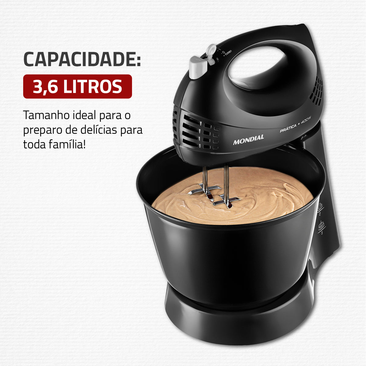 Batedeira Portátil Mondial Prática B-44B 3 Velocidades 400W Tigela 3,6L