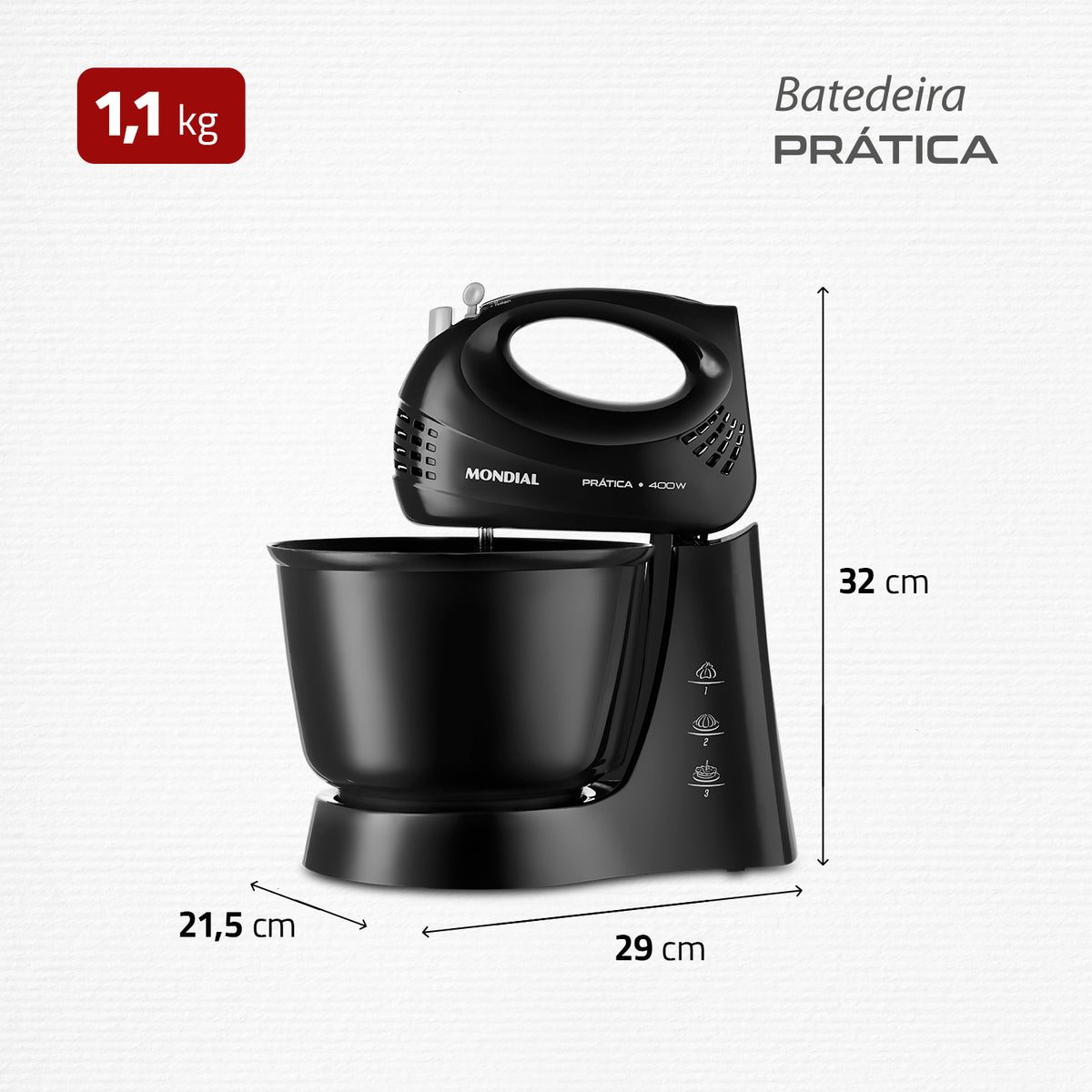 Batedeira Portátil Mondial Prática B-44B 3 Velocidades 400W Tigela 3,6L