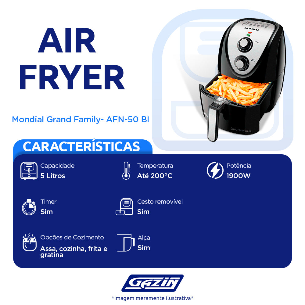Fritadeira Elétrica Air Fryer Mondial Grand Family AFN-50 BI 5L 1900W Timer