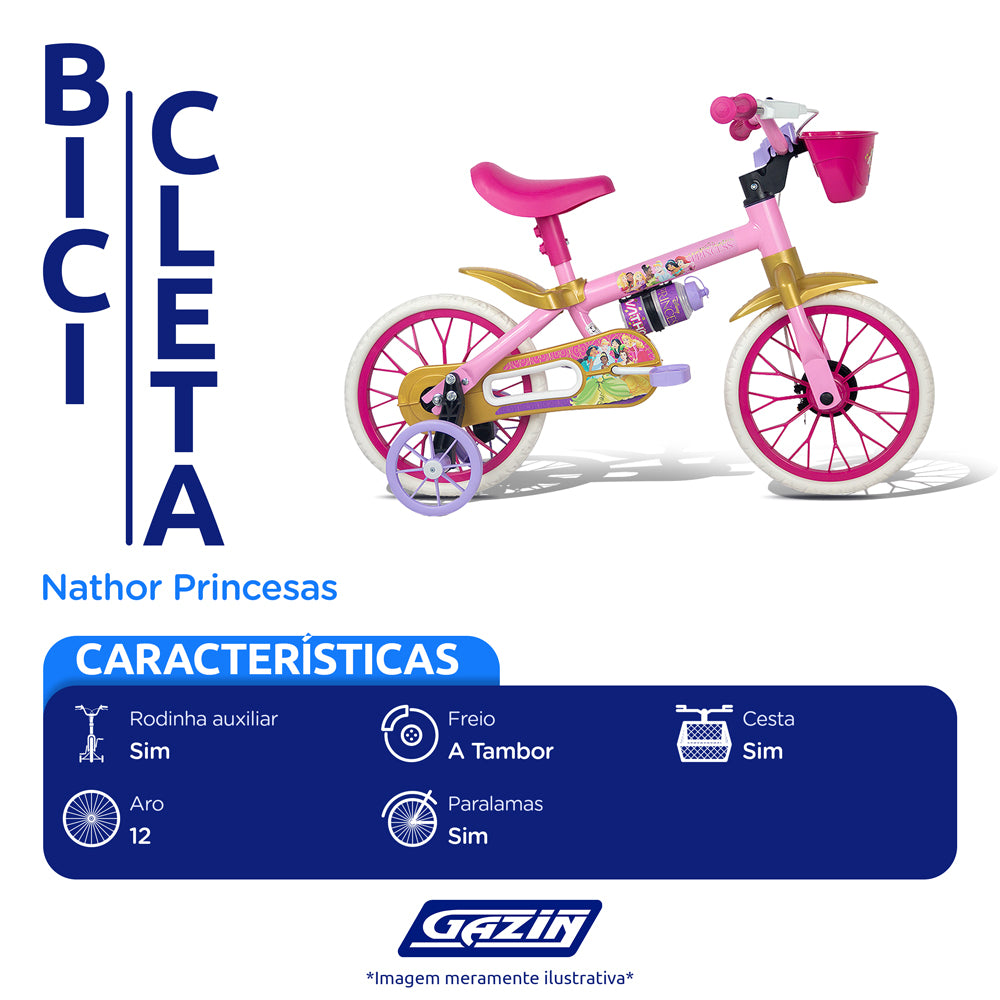 Bicicleta Infantil Aro 12 Nathor Princesas com Cestinha