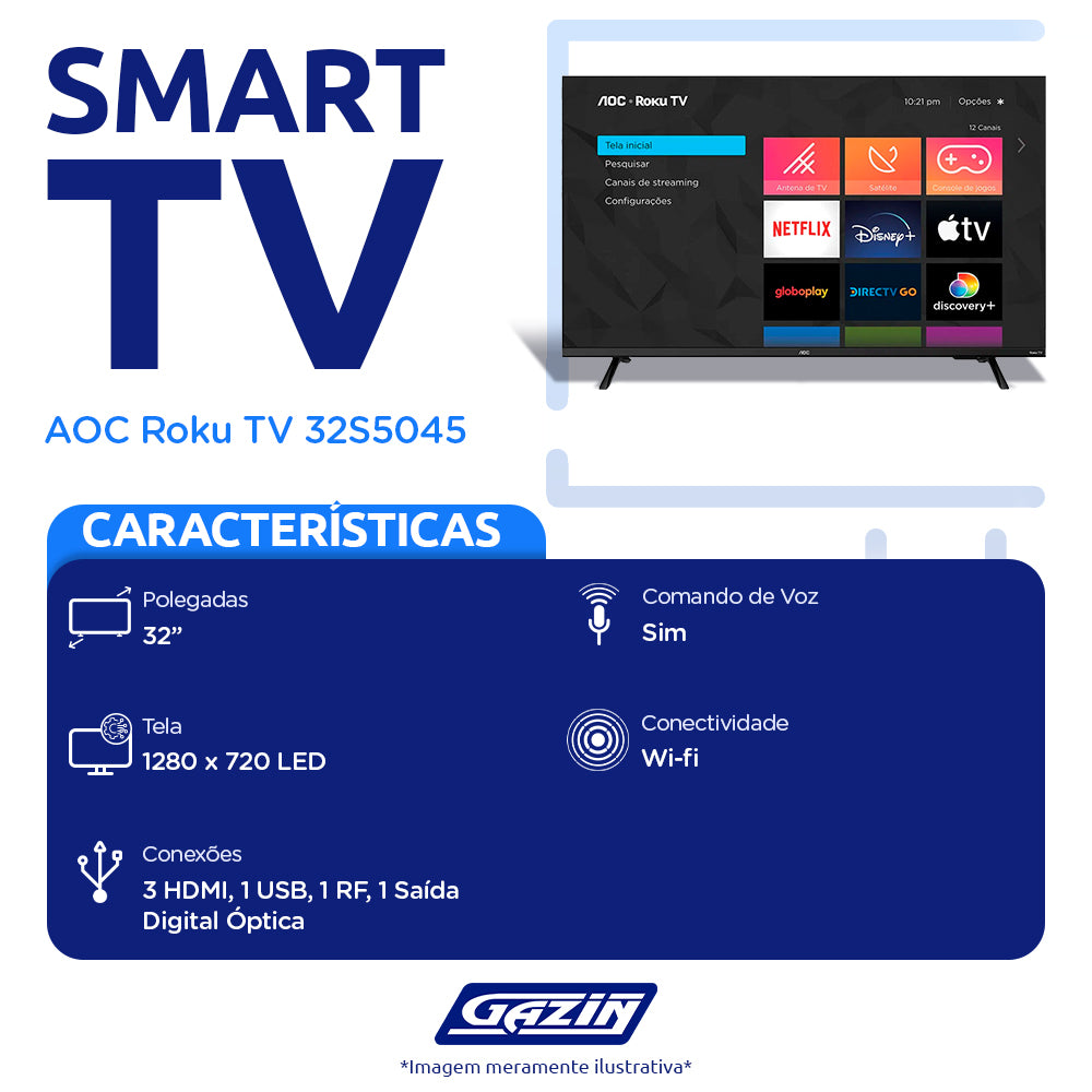 Smart TV AOC LED 32" HD WI-FI Roku HDMI USB 32S5045