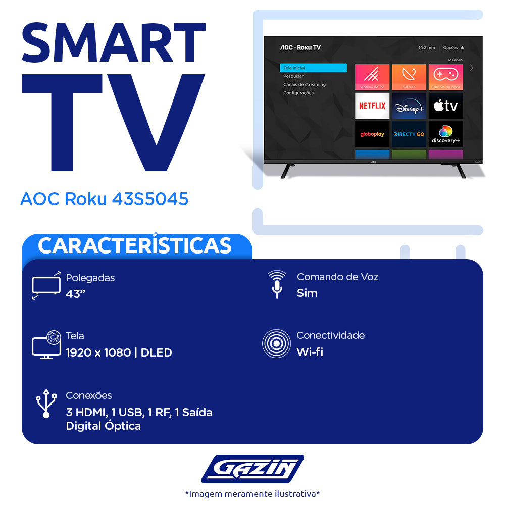 Smart TV AOC DLED 43” Full HD Wi-Fi Roku TV 43S5045