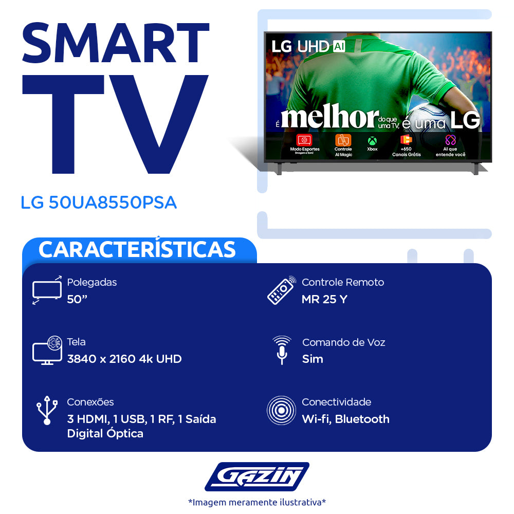 Smart TV LG 50" 4K HD Wi-Fi Comando de Voz Processador α7 AI Ger8 50UA8550PSA